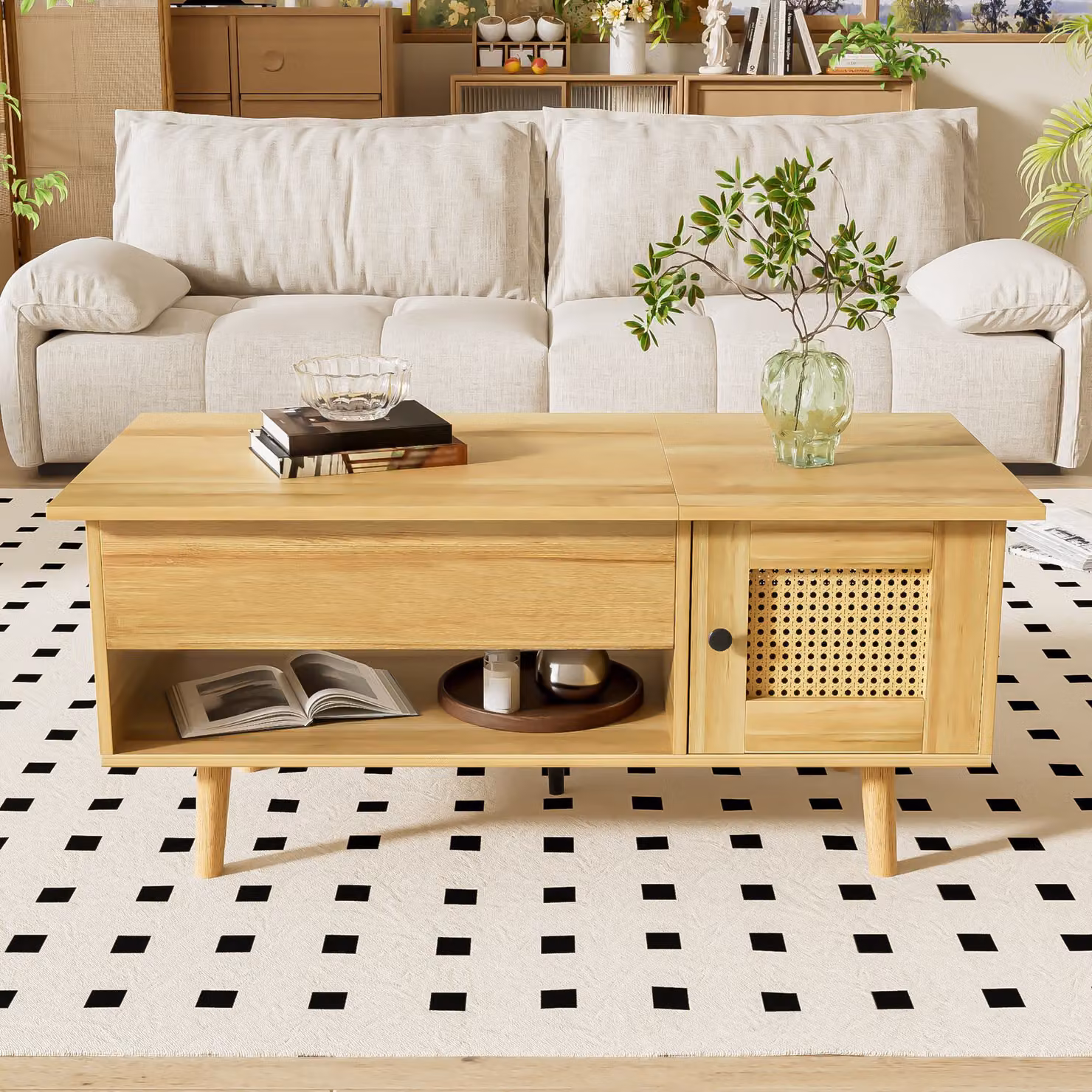 Tavolino da salotto moderno GL Store con piano sollevabile e ante in rattan e legno, L/P/H: 103 x 50 x 46 cm, disponibile nei colori sabbia, marrone o nero – 2