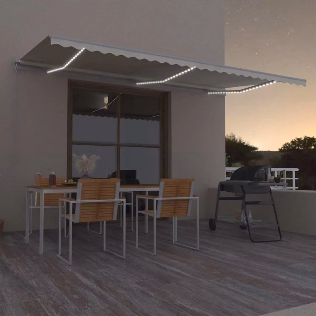 vidaXL Tenda da Sole Retrattile Manuale con LED in Poliestere e Alluminio, Colore Crema, L: 600 cm, P: 300 cm – 1