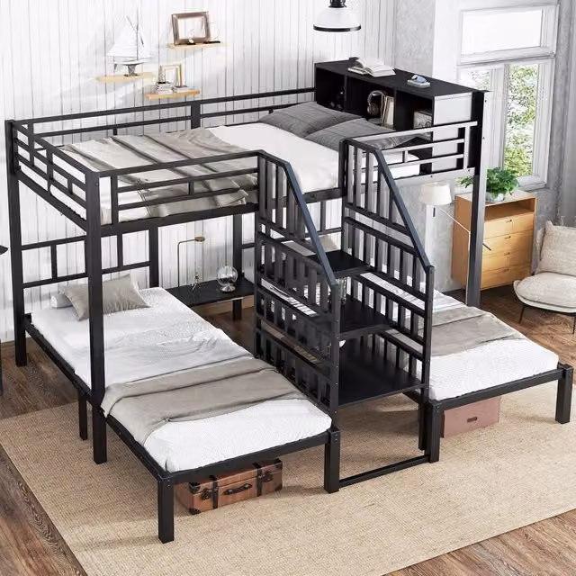 Letto a castello 3 posti 90 × 200 cm e 140 × 200 cm con scala e vano contenitore, senza materasso, in metallo nero