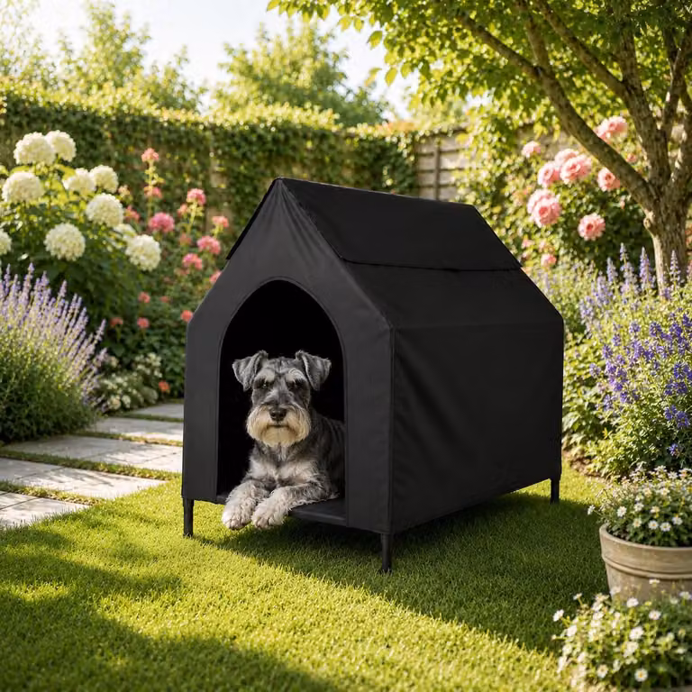 Cuccia per cani Belviona con tettuccio, lettino rialzato per giardino, terrazza e balcone, idrorepellente e resistente fino a 40 kg, 90x65x85 cm, nero