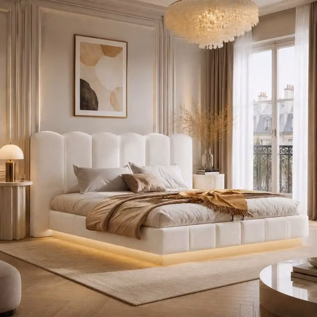 Letto contenitore 180x200 cm; matrimoniale con contenitore idraulico; rete a doghe; testiera; LED; bouclé; bianco