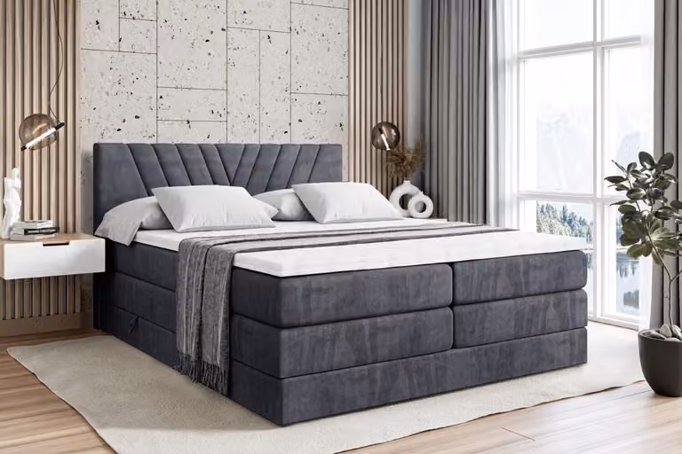 Letto boxspring ALTDECOR con 2 materassi e topper - 200x200 cm - ERNINA KING - Velluto grigio scuro - Letto imbottito con materassi H3 e H4, contenitore e rete a doghe, letto con spazio contenitivo