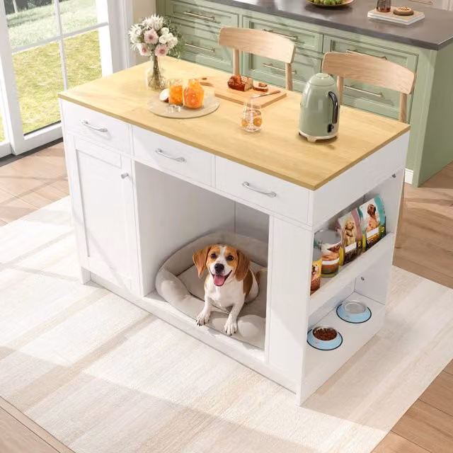 Carrello da cucina 120x60x90 cm con 3 cassetti; area per animali domestici e ripiano regolabile in MDF bianco e naturale