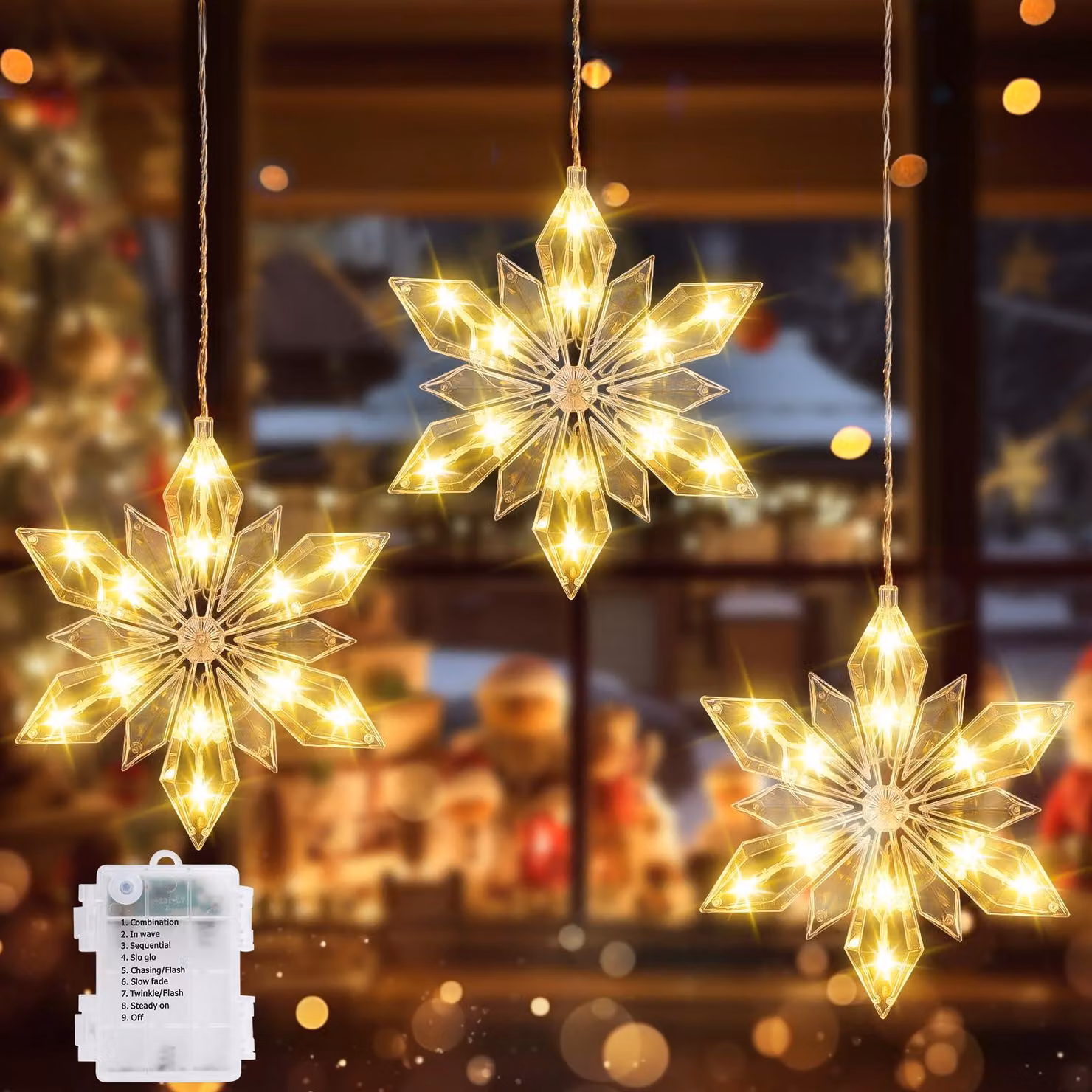 Tenda luminosa a forma di fiocchi di neve, 0,6 metri, 36 LED, luce bianca calda, con timer