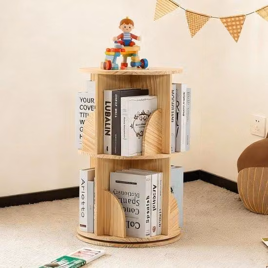 Ibenzoa® Libreria girevole in legno con tavolino laterale e spazio contenitivo – mobile di stoccaggio rotondo e salvaspazio, ideale per soggiorno, camera da letto o ufficio