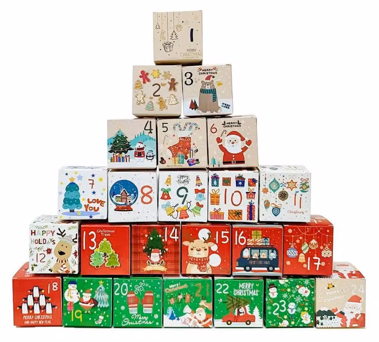 Calendario dell'Avvento da riempire, con 24 scatole, motivi natalizi, dimensioni 7x7x7 cm