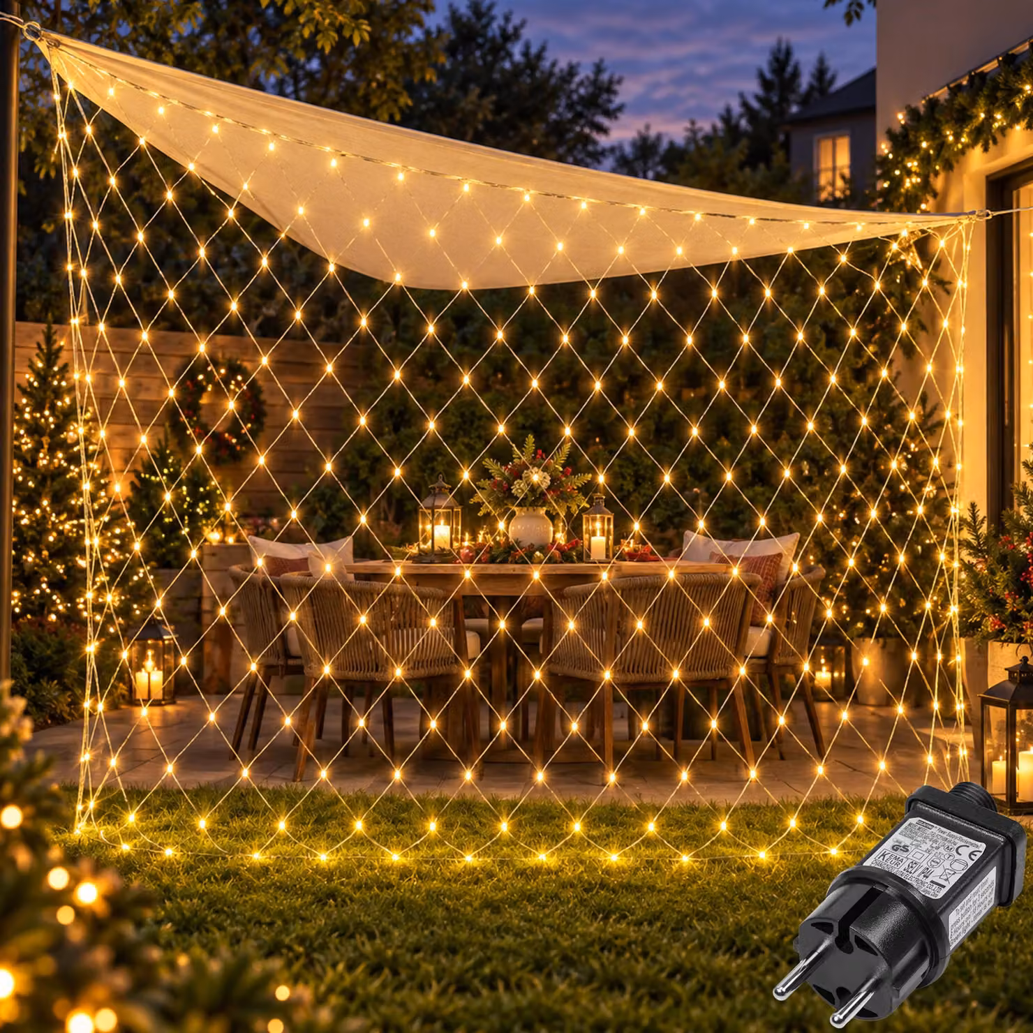 3X2m 200 LED fata luci rete luce bianco caldo con spina 8 modalità timer per cespugli giardino albero di Natale camera festa Natale illuminazione decorazione