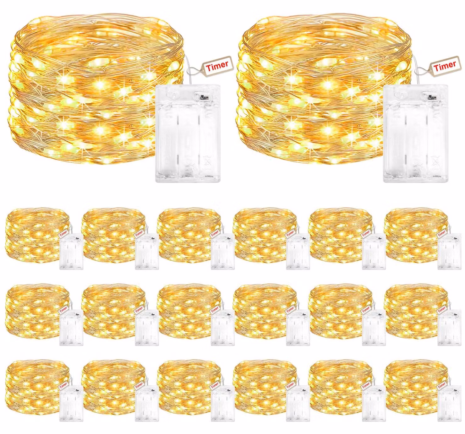 Catena luminosa, 20 pezzi, 3 metri, 30 LED, luce bianco caldo, con timer, alimentazione a batteria