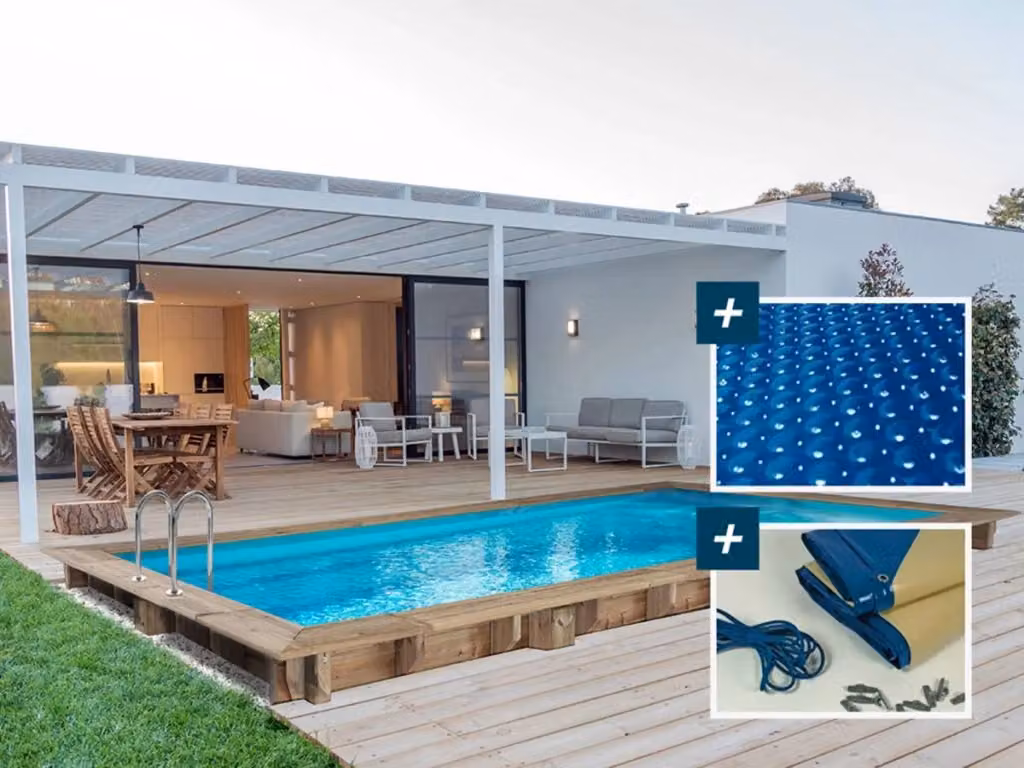 Piscina rettangolare fuori terra in legno Habitat et Jardin Tobago colore marrone con copertura a bolle e copertura invernale L: 620 cm, P: 300 cm, H: 131 cm – 2