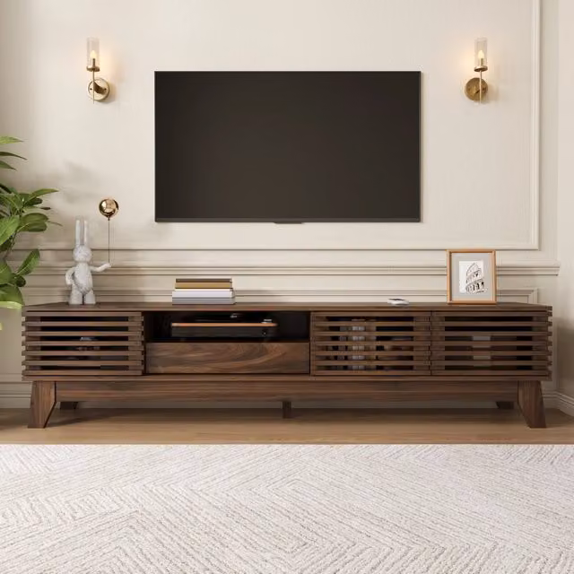 Mobile TV con 3 ante, cassetto e vani aperti, frontali scanalati, per soggiorno, in MDF noce, 170 × 35 × 40 cm