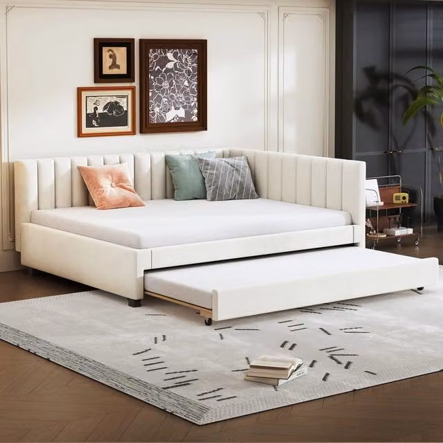 Letto Imbottito Contenitore Estraibile ¨C MINIMAL ¨C Velluto Beige 140x200 con Rete a Doghe