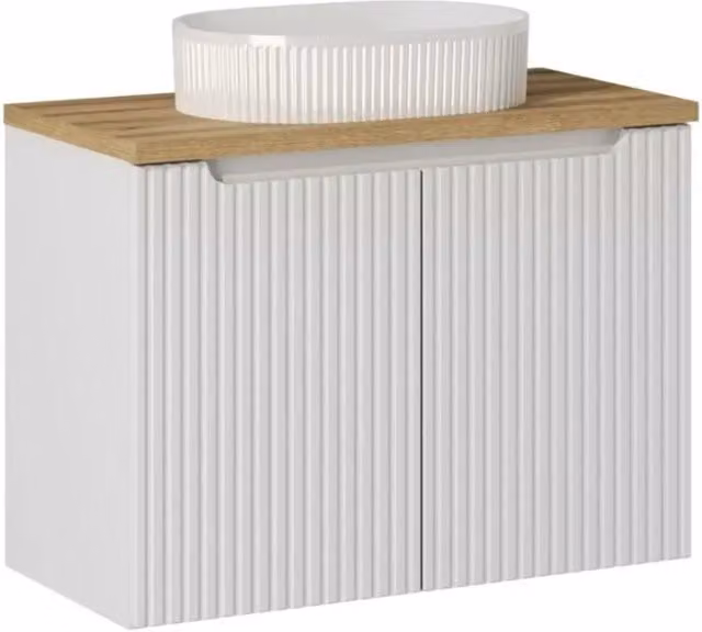 Set da bagno VANO bianco 80cm: mobile sotto lavabo con armadietti + piano per lavabo + lavabo da appoggio bianco scanalato