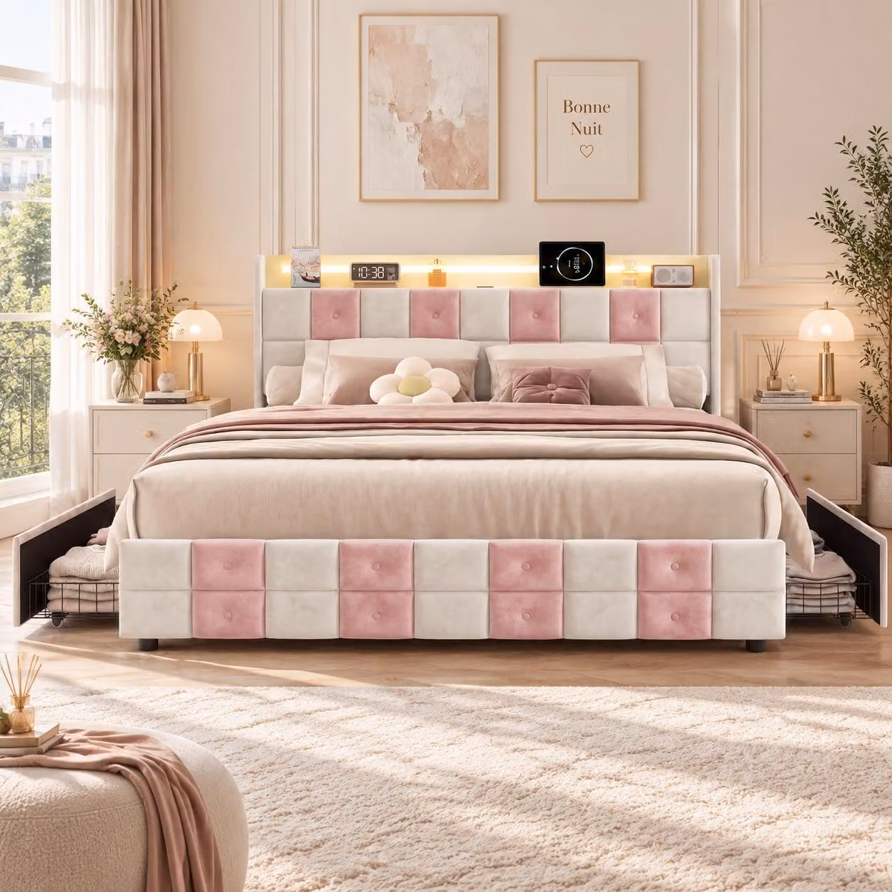Letto imbottito INONEFT, 140x190 cm, con LED e USB, letto singolo per ragazzi con 4 cassetti e spazio contenitivo nella testiera, struttura del letto con rete a doghe, bianco-rosa