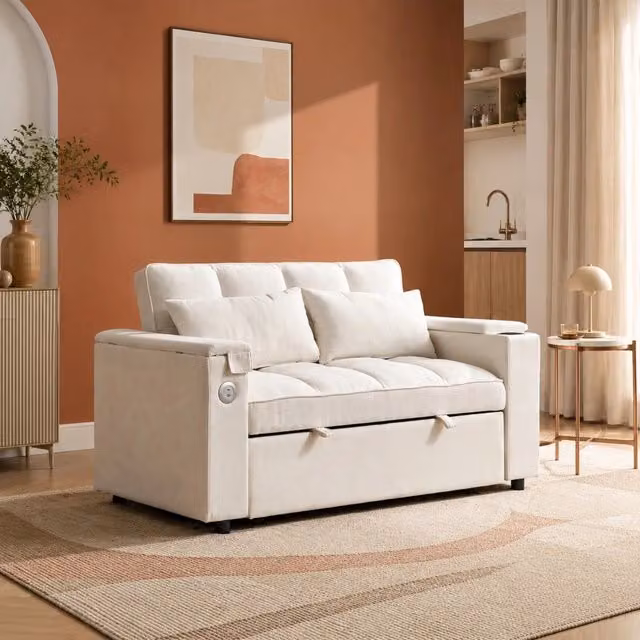 Divano letto 140,5x74 cm beige in tessuto, schienale regolabile