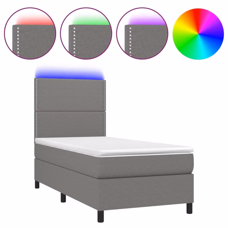 Letto a Molle Materasso e LED Grigio Scuro 100x200cm in Tessuto