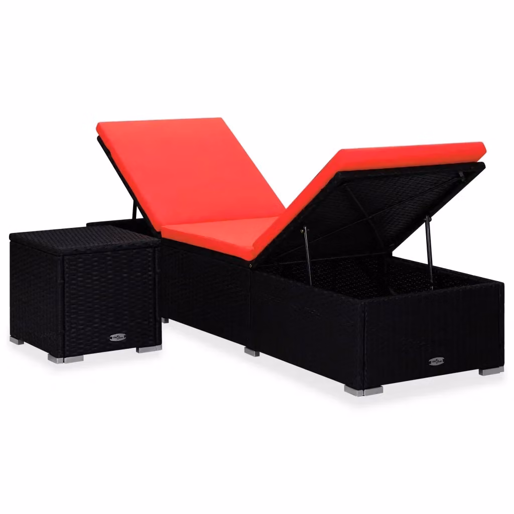 Lettino prendisole da giardino in polyrattan rosso con cuscino e tavolino laterale – 2