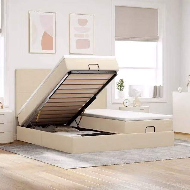 Letto con contenitore a sollevamento vidaXL in tessuto beige e bianco con illuminazione sottostante e porte USB L/P/H: 180 x 200 x 203 cm