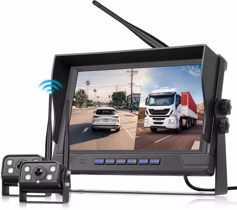 Telecamera di retromarcia digitale wireless, kit composto da 2 telecamere e monitor IPS da 9 pollici, telecamera di retromarcia impermeabile IP68, visione notturna, rotazione dell'immagine, sistema di rilevamento angolo cieco (BSD), registrazione continua