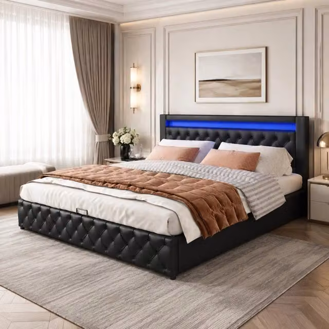 Letto matrimoniale imbottito 160x200 cm con contenitore e LED; rivestimento in PU nero