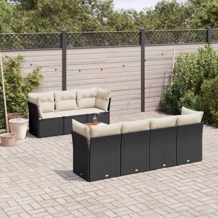 Set di divani da giardino vidaXL a forma di L in polyrattan nero con cuscini e tavolino da caffè per esterno