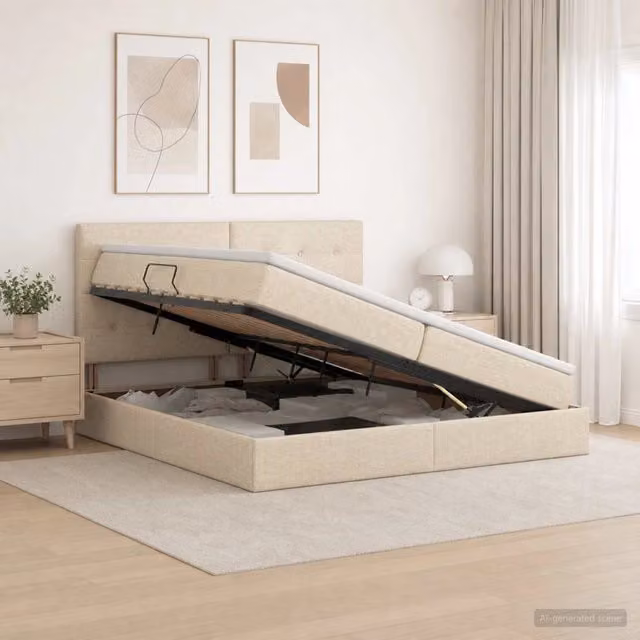 Letto con contenitore e materasso vidaXL in tessuto beige L 200 x P 200 cm, H 140 cm