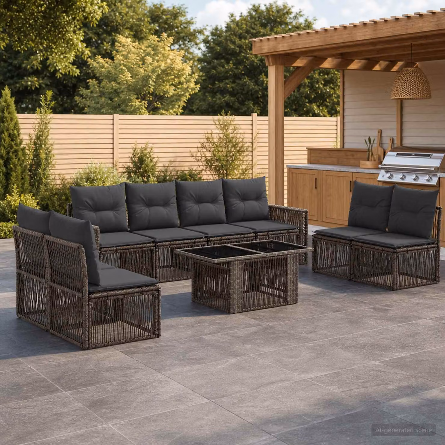 Set Divano da Giardino vidaXL 9 pz in Polyrattan Grigio e Antracite con Cuscini e Tavolino da Esterno