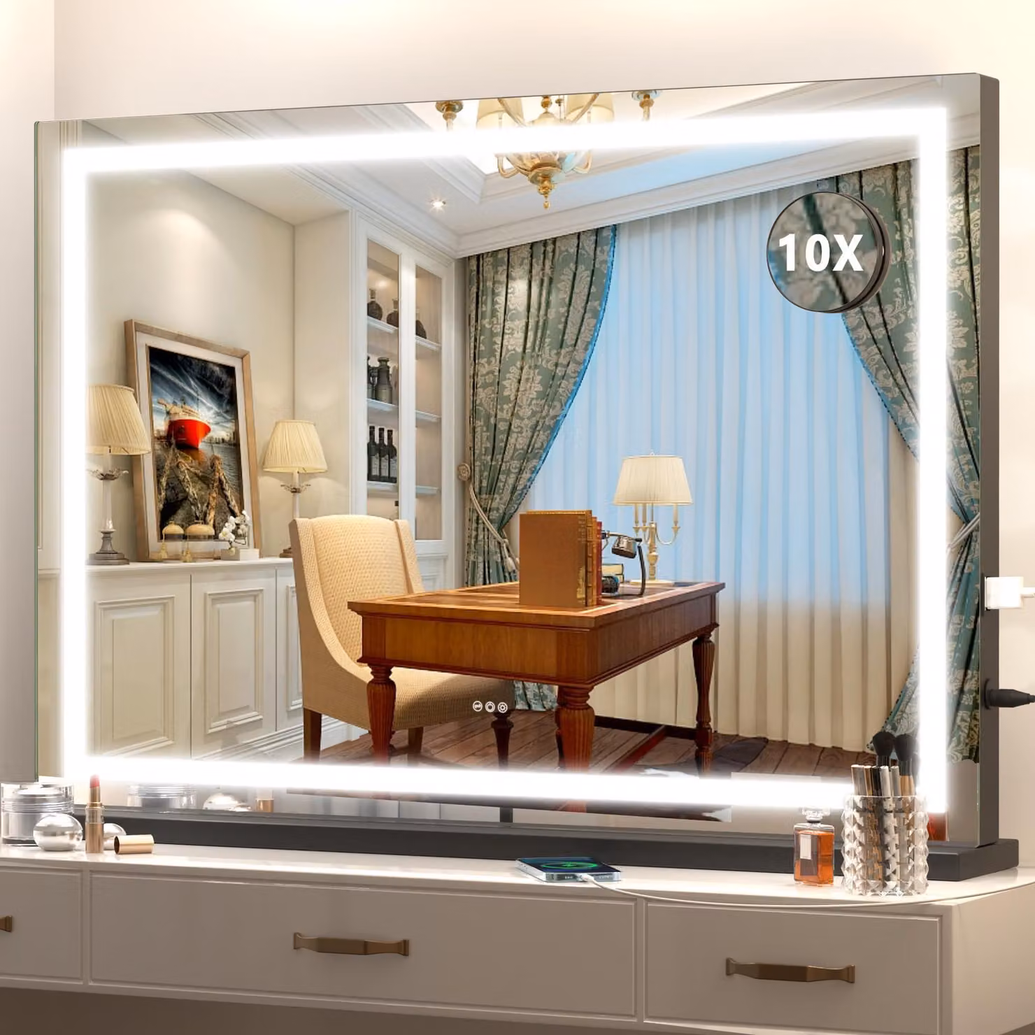 Specchio da trucco LED, dimensioni 32x22 pollici, dimmerabile, con 3 modalità, touch screen, colore nero