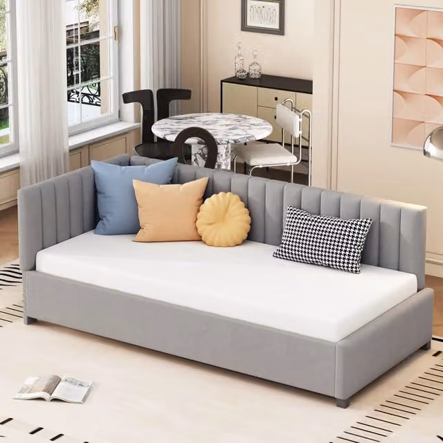 Letto divano singolo 200 × 90 cm con schienale reversibile e testiera imbottita, senza materasso, velluto grigio