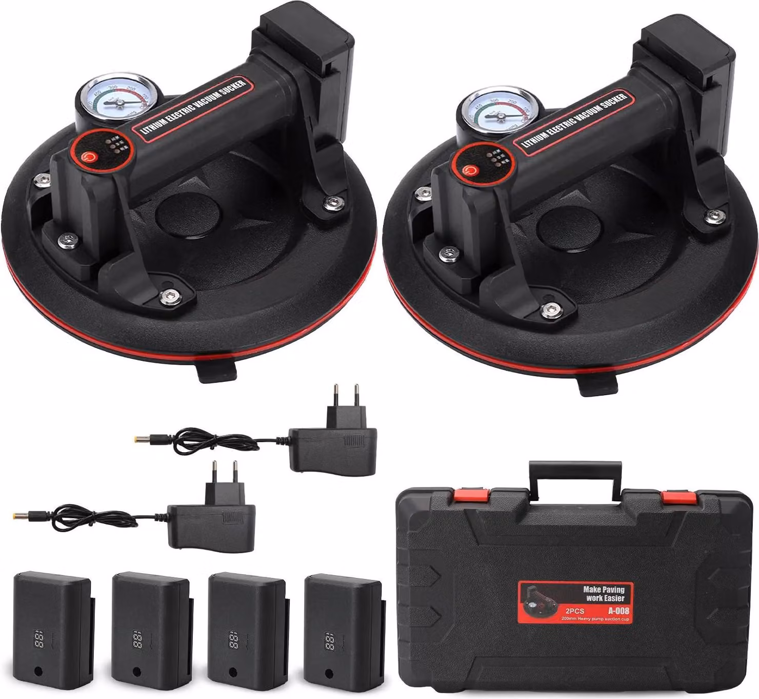 Sollevatore a ventosa, portata 200 kg, indicatore LED, 2 pezzi (con 4 batterie)
