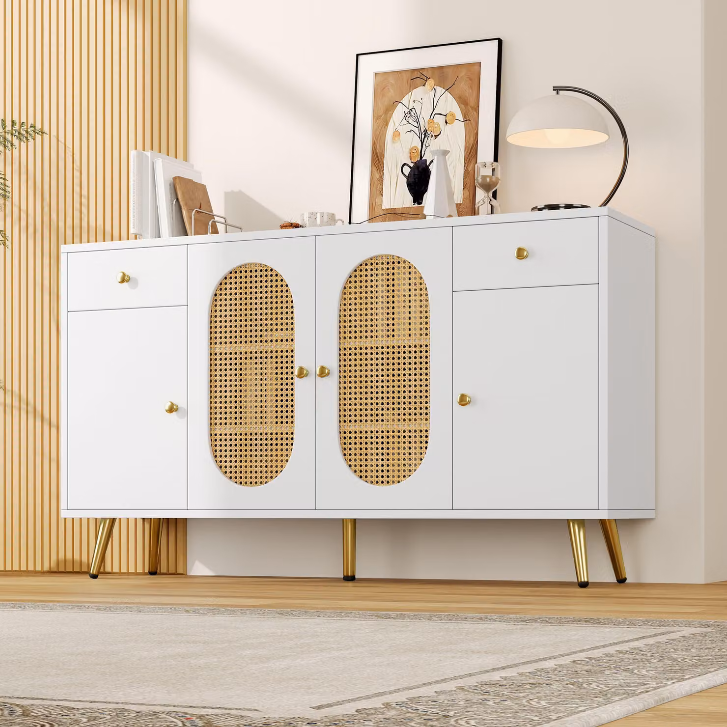 Credenza Merax, cassettiera a 4 ante e 2 cassetti, gambe in metallo, credenza portaoggetti, credenza in rattan, credenza per soggiorno e cucina, bianco