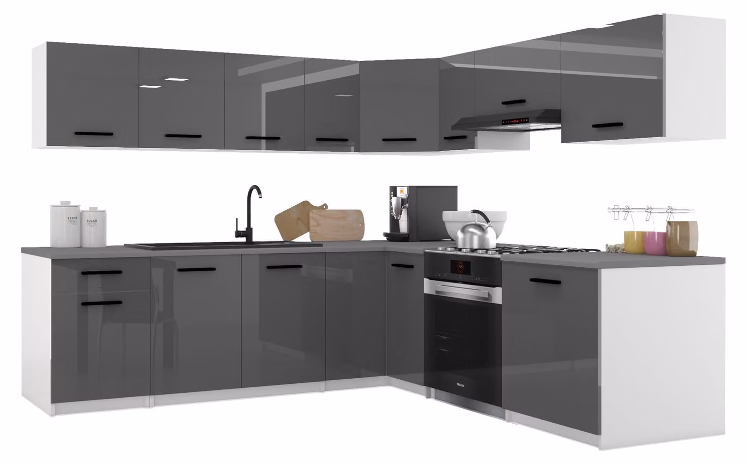 Belini - Linea cucina moderna ITALIA 7 - Mobili da cucina 420 cm grigio lucido - Cucina componibile con pensili, mobili base e piani di lavoro