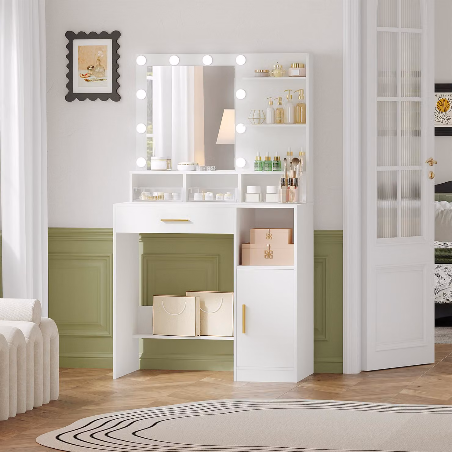 Comò con specchio - Bianco - 10 luci LED - Pannello di particelle di legno - Mobile per la camera da letto