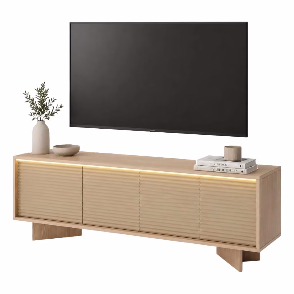 Mobile porta TV Kamele DMORA in legno rovere marrone e beige con un ripiano, stile moderno, L 154 cm x P 40 cm x H 54 cm – 2