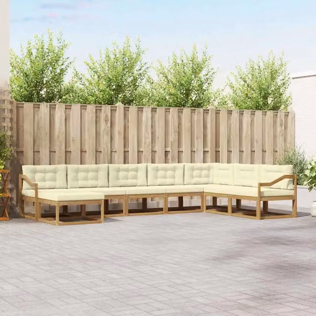 Set di divani da esterno a L con ottoman vidaXL in legno di acacia, Bianco e Beige