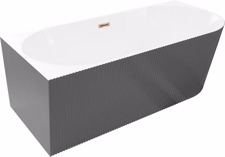 Mexen Silo vasca da bagno freestanding angolare sinistra scanalata 150 x 75 cm, bianca/grigia, troppo pieno oro rosa