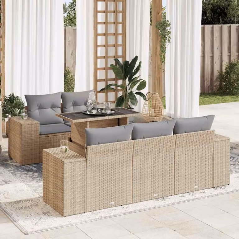 Set Divano da Giardino vidaXL 6 pz in Polyrattan con Cuscini Beige e Tavolino, Design Moderno a L per Terrazza e Giardino