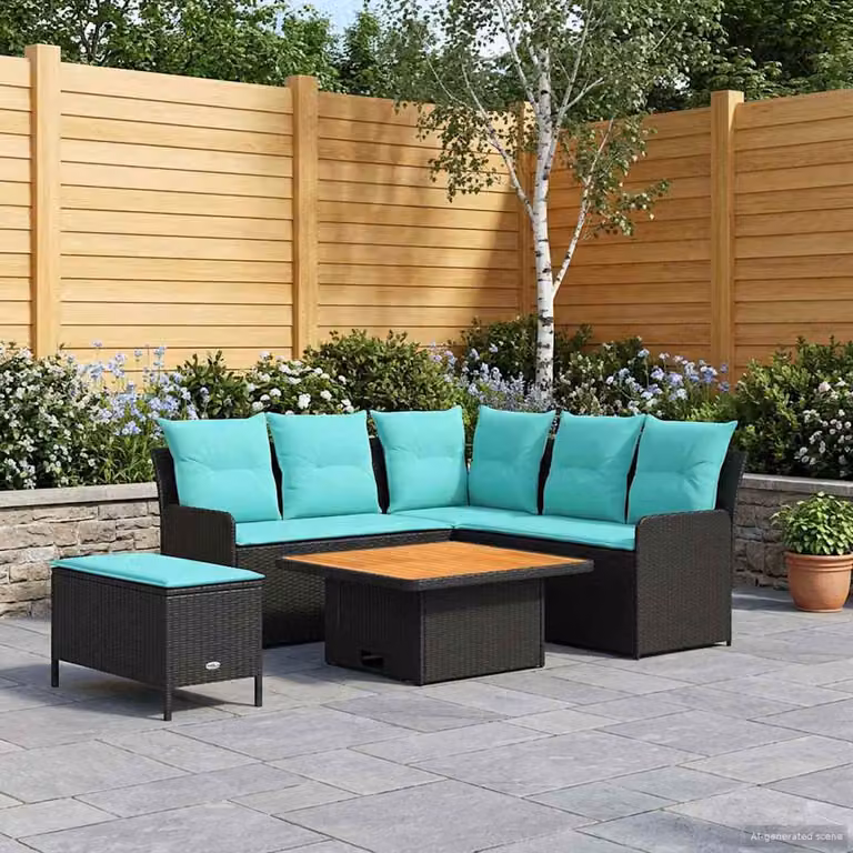 Set di mobili da giardino vidaXL 5 pezzi in rattan con cuscini nero e turchese