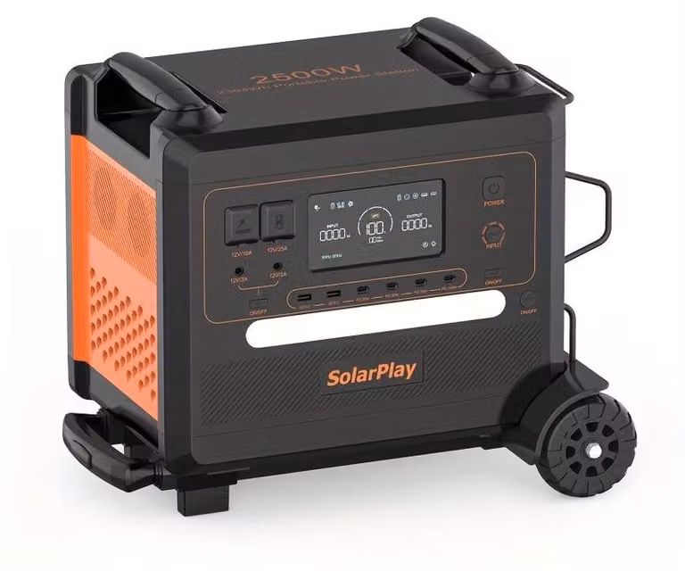 Centralina portatile con una potenza di 2500W, una capacità della batteria di 2304Wh e un carrello pieghevole per il trasporto