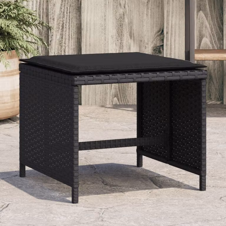 Set di 4 sgabelli da giardino vidaXL in polyrattan nero con cuscini, L/P/H: 40 x 40 x 35 cm