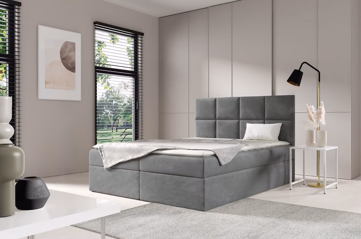 GUTTO Letto con molle SÁRA, 160 x 200 cm, 2 contenitori portaoggetti, topper da 5 cm, rivestimento in velluto grigio