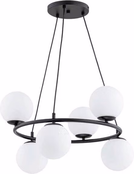 Lampadario a sospensione RINGO Alfa nero con 6 sfere in vetro bianco e attacco E14