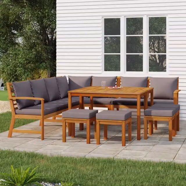 Set da pranzo da giardino vidaXL in legno di acacia oliato con 11 pezzi e cuscini grigi