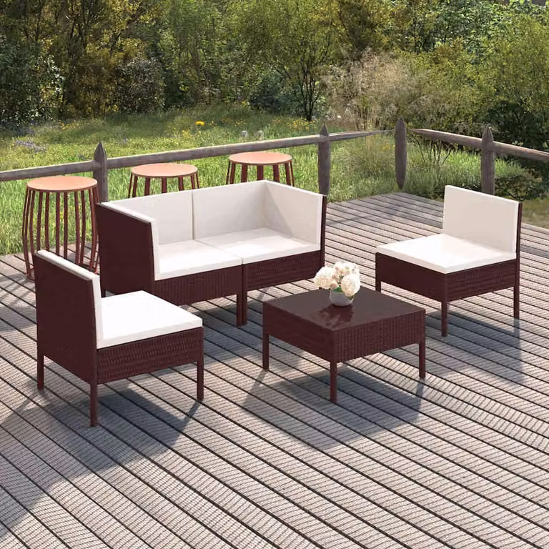 Set di divani da giardino vidaXL in rattan marrone e bianco con cuscini e struttura in metallo con elementi angolari e pouf