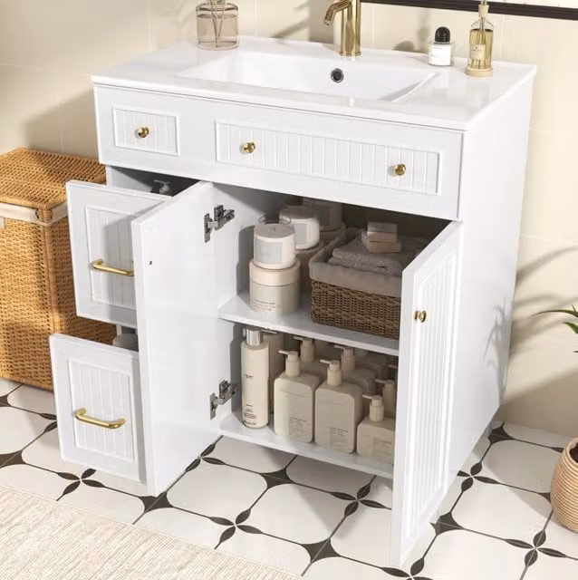 Mobile lavabo da bagno freestanding con lavabo in ceramica; MDF laccato e piedi in pino bianco