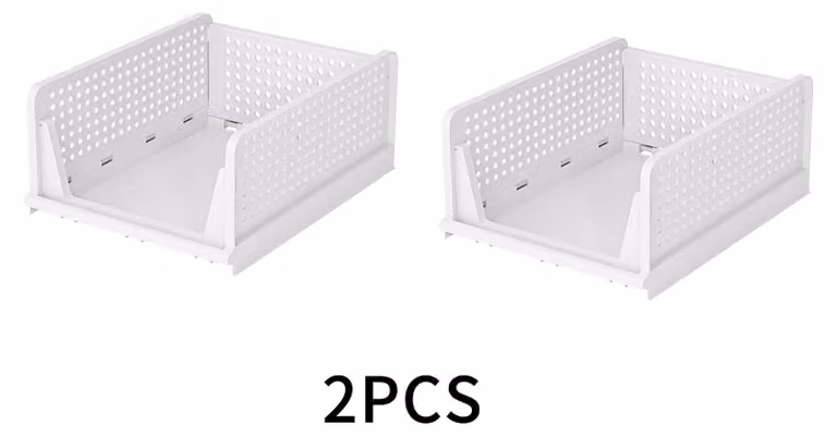 Contenitore per armadio - Set da 2 contenitori in plastica - Impilabili - Pieghevoli - Ideali per camera da letto, cucina e uso domestico - Contenitore per scaffali - Bianco