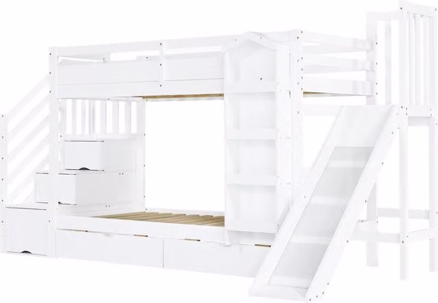 Letto a castello per bambini con scivolo, libreria integrata e due cassetti su ruote, struttura in pino, MDF e compensato, bianco, 90x200 cm