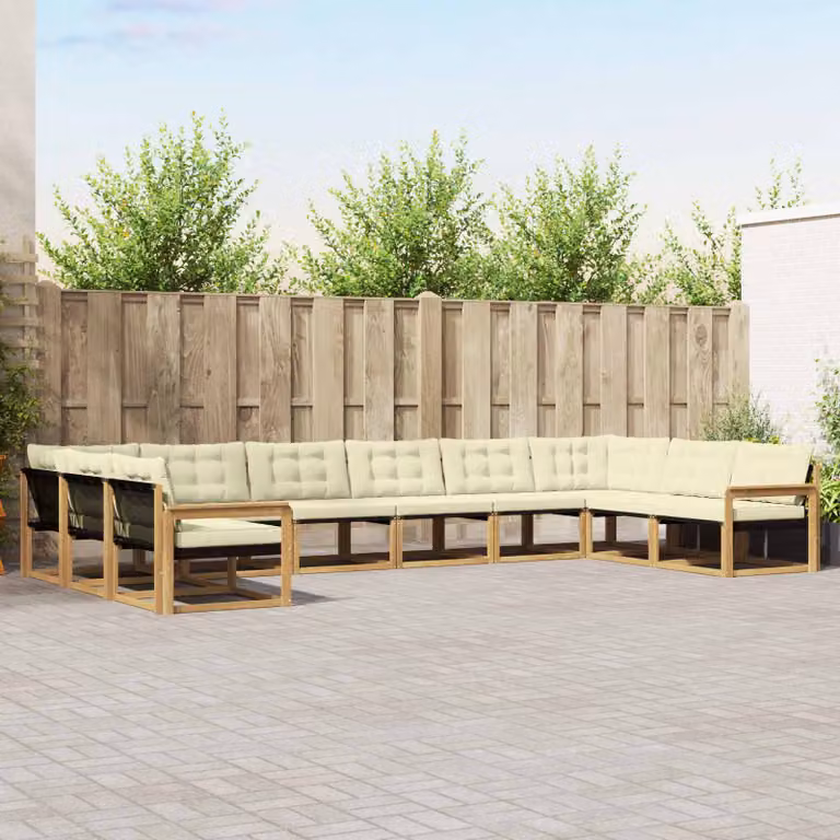 Set di divani da esterno vidaXL a forma di U composto da 10 pezzi in legno di acacia con cuscini bianchi, beige e marroni