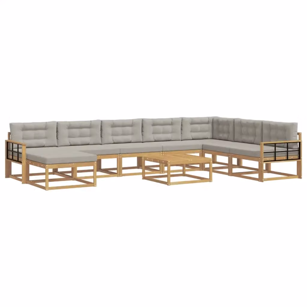 Set di divani da esterno a L con tavolino e pouf vidaXL in legno di acacia, Bianco e Grigio – 2