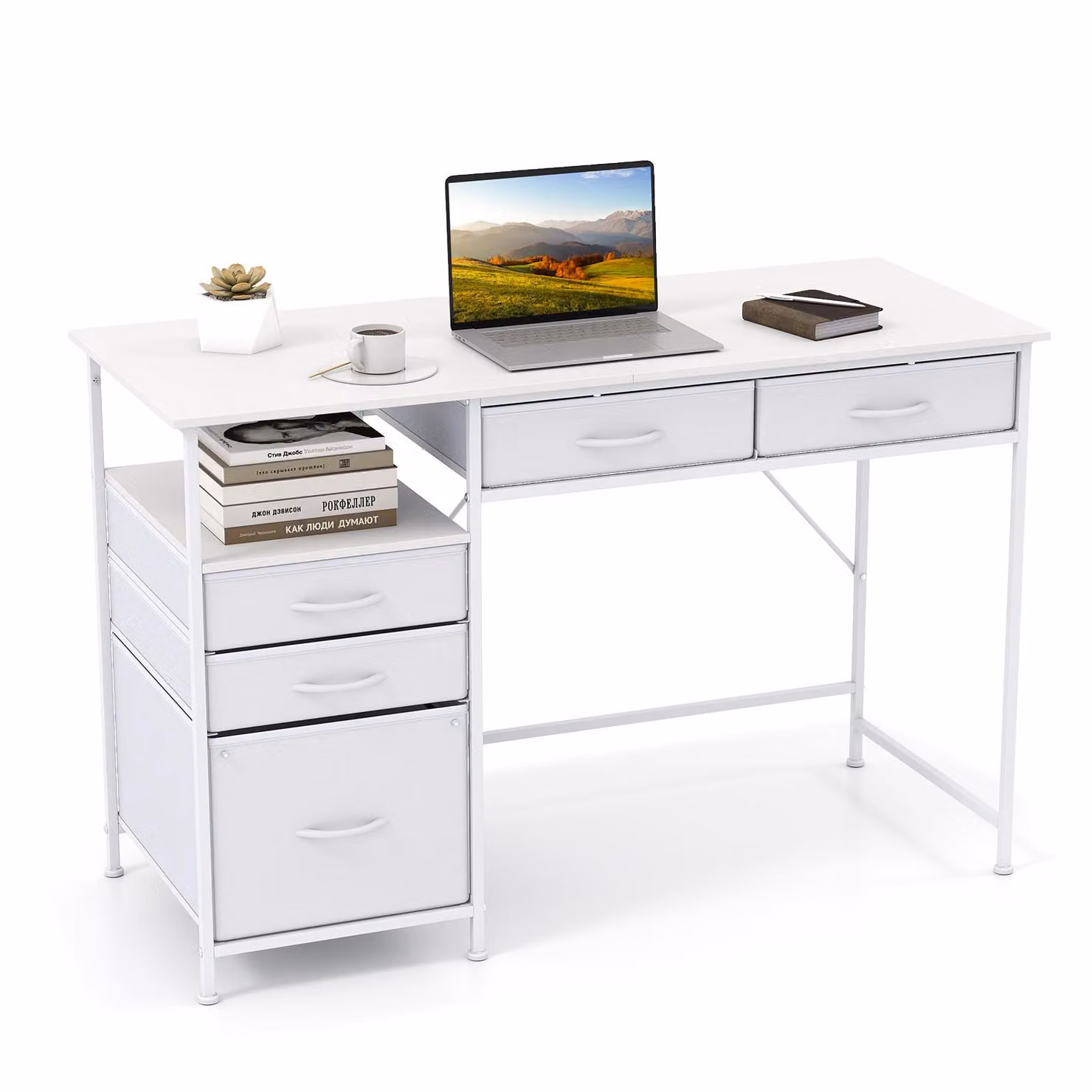 COSTWAY Scrivania per computer 120 x 50 cm, scrivania per ufficio domestico con scaffale, cassetti in tessuto e telaio in metallo, tavolo da gioco per piccoli spazi, tavolo per PC, bianco