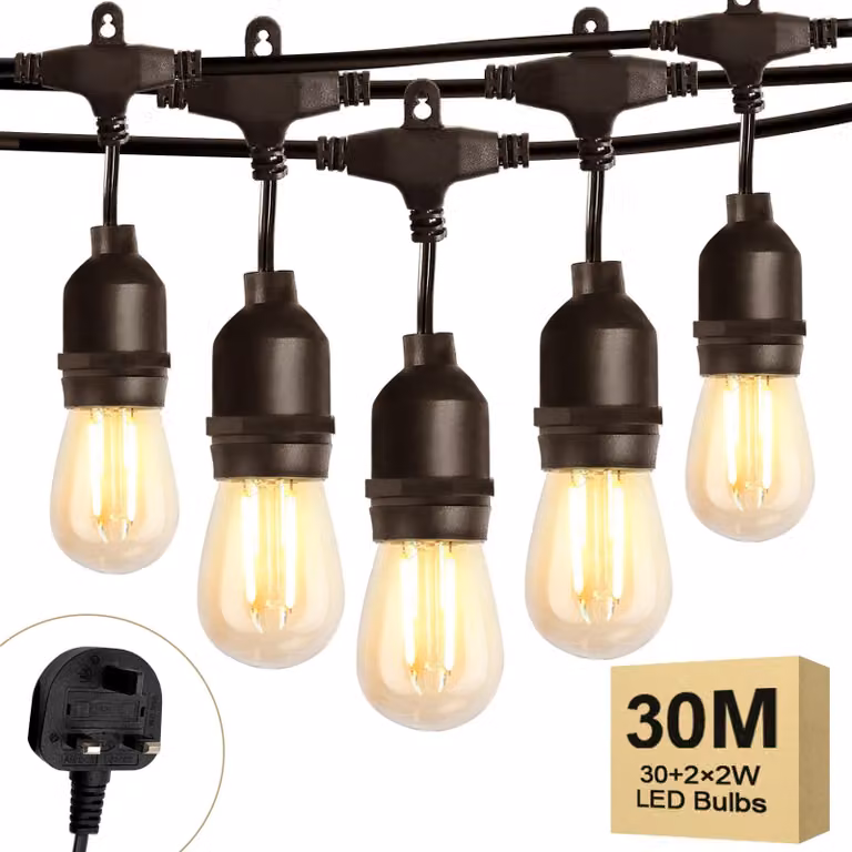 Catena luminosa da 30 metri con 32 lampadine LED S14, temperatura di colore 2700K, luce bianco caldo